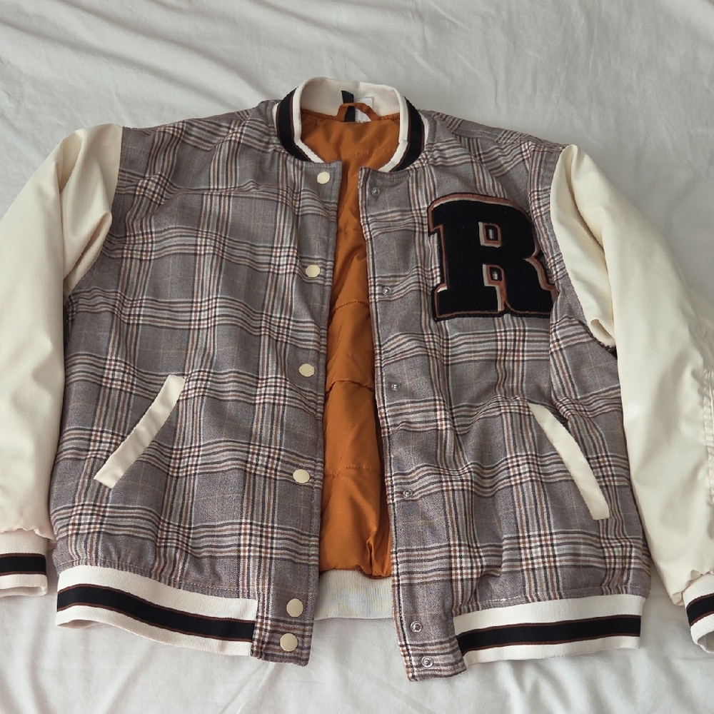 H&M Gray Plaid Varsity Jacket with Cream Sleeves